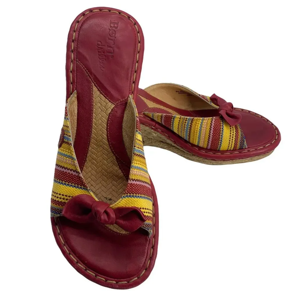 BORN Drilles 8 / 39 Striped Espadrilles Wedge Mule Open Toe Red Bow W5850